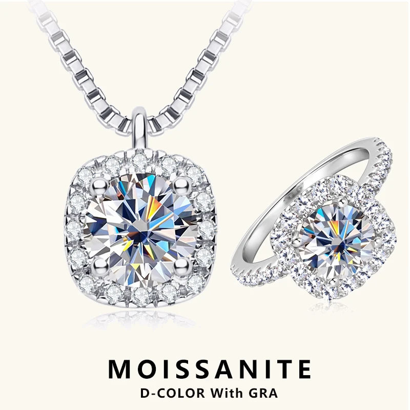 Lnngy Certified GRA Moissanite Halo Ring Square Pendant Necklace Jewelry Set For Couples Real 925 Sterling Silver Wedding Gift