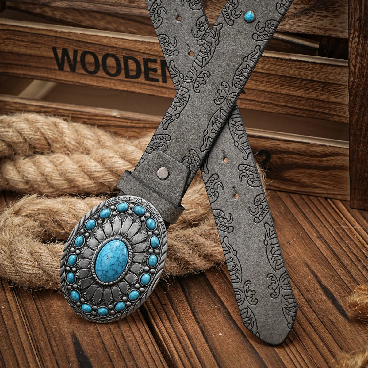 Western Cowboy PU Leather Belt - Men Waist Strap Bull Decoration Floral Engraved for Jeans