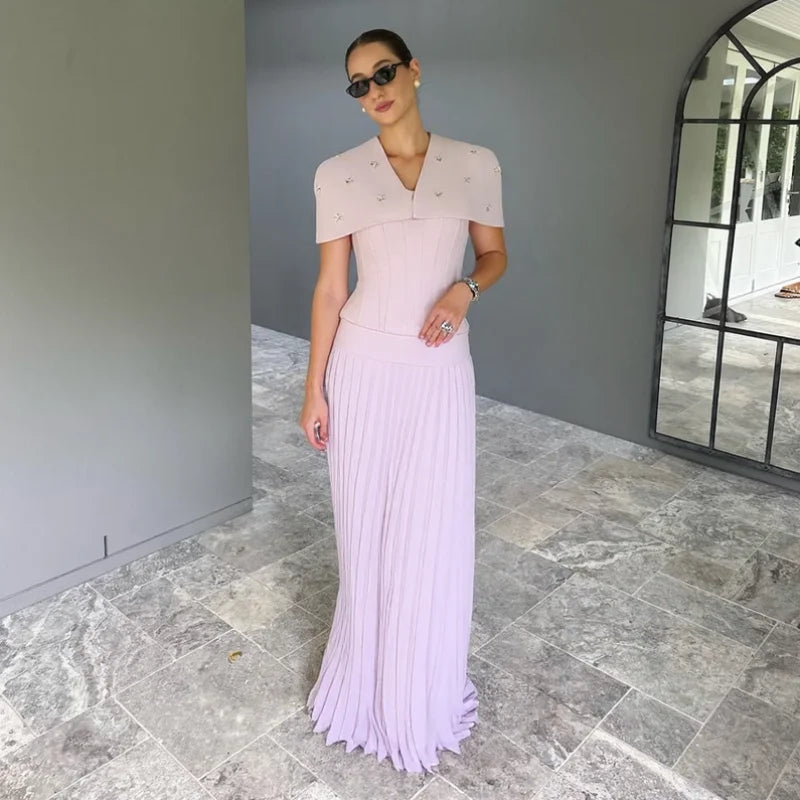 Elegant Shawl Pleated Diamonds Maxi Dress – Women’s Sleeveless High Waist Patchwork Evening Dress