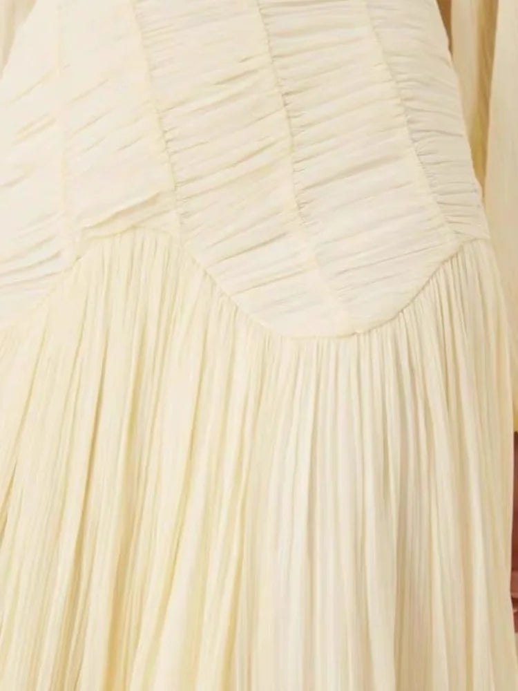 Elegant Pleated Lantern Sleeve Mid-Calf Dress – Women’s O-Neck Holiday Beach Outfit
