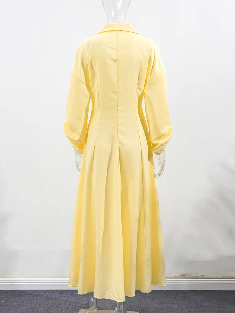 Elegant Lapel Waist-Cinched Pleated Shirt Dress – Women’s Half Sleeve Floor-Length Summer Style