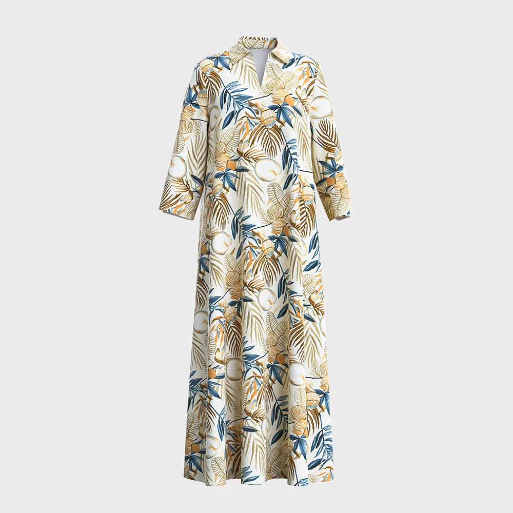 Rafiah Women's Summer Long Dress 2025 Arabian Dress Modest Fashion Long Sleeve V-Neck A-Line Maxi Full Print Casual Dress
