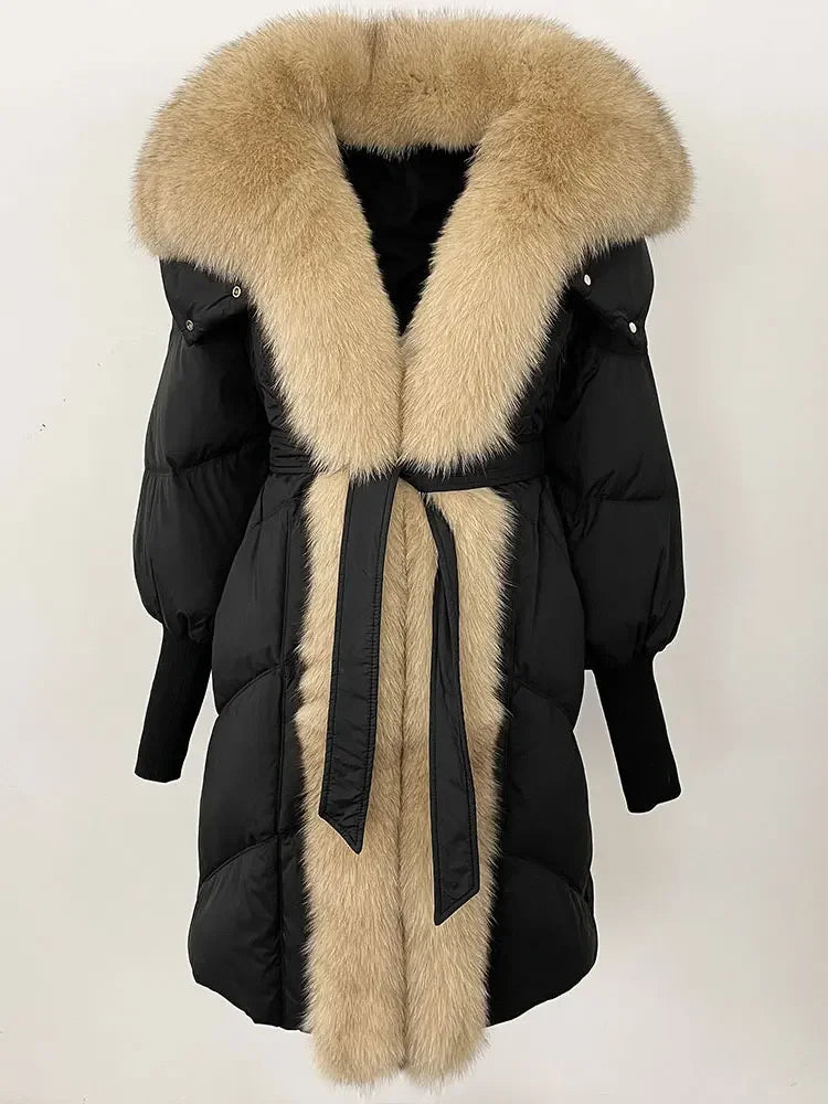 2025 Autumn Winter Women Coat Real Natural Fox Fur Long Down Jacket Thick Warm Casual Hooded White Duck Down Elegant Overwears