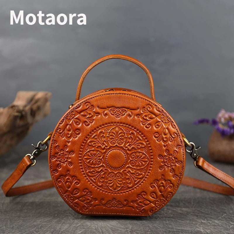 MOTAORA Retro Circular Women Luxury Handbag Genuine Leather Shoulder Messenger Crossbody Bags For Woman Totem Small Bag New