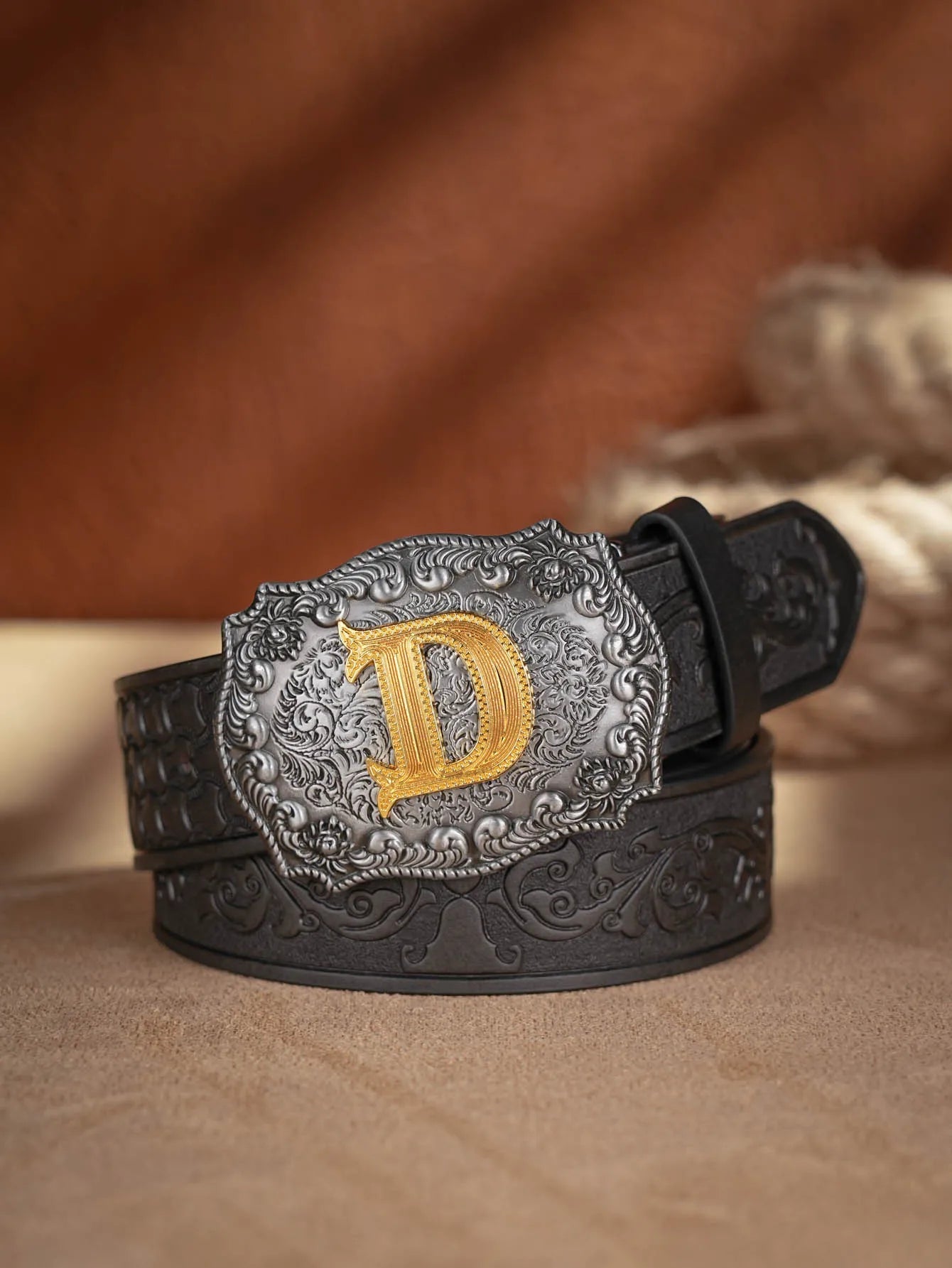 Western Cowboy PU Leather Belt - Men Waist Strap Bull Decoration Floral Engraved for Jeans