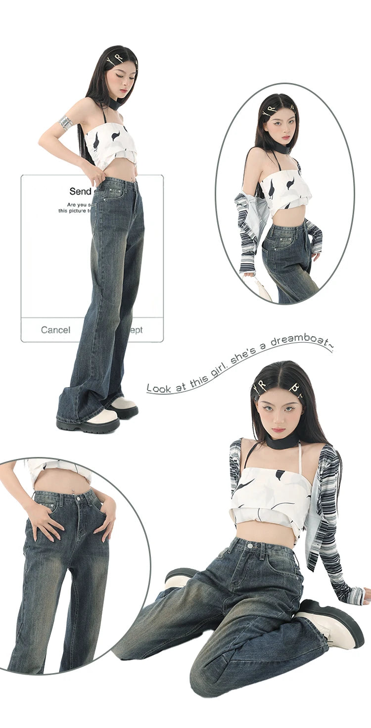 Flare Jeans Pants Women Vintage Denim Ladies Jeans High Waist Fashion Pocket Trousers Wide Leg Jeans
