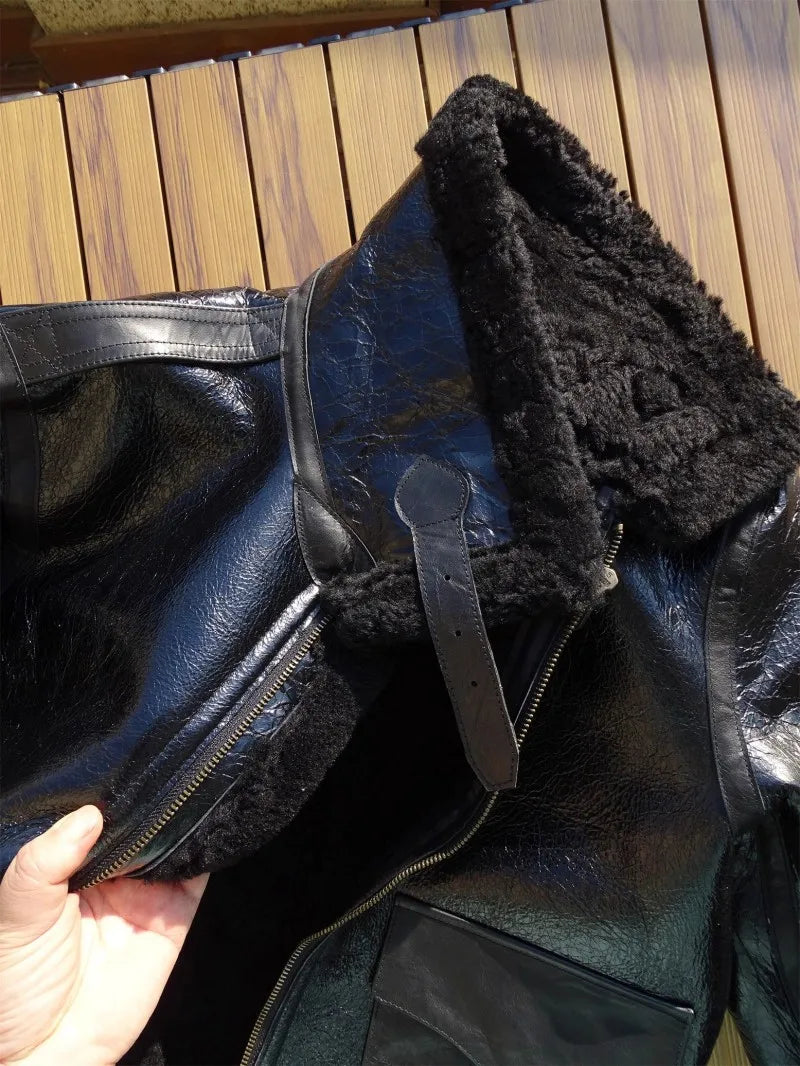 Mens Oil Waxed Sheepskin Motorcycle Short Coat Lapel Winter Real Fur Jackets Warm Wool Lining Genuine Leather Pilot Jacket Male