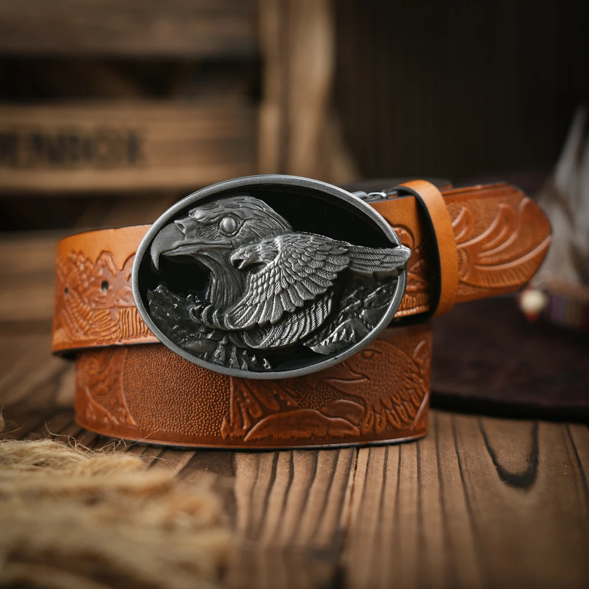 Western Cowboy Leather Buckle Belts eagle Pattern Floral Engraved Buckle Belt for Men