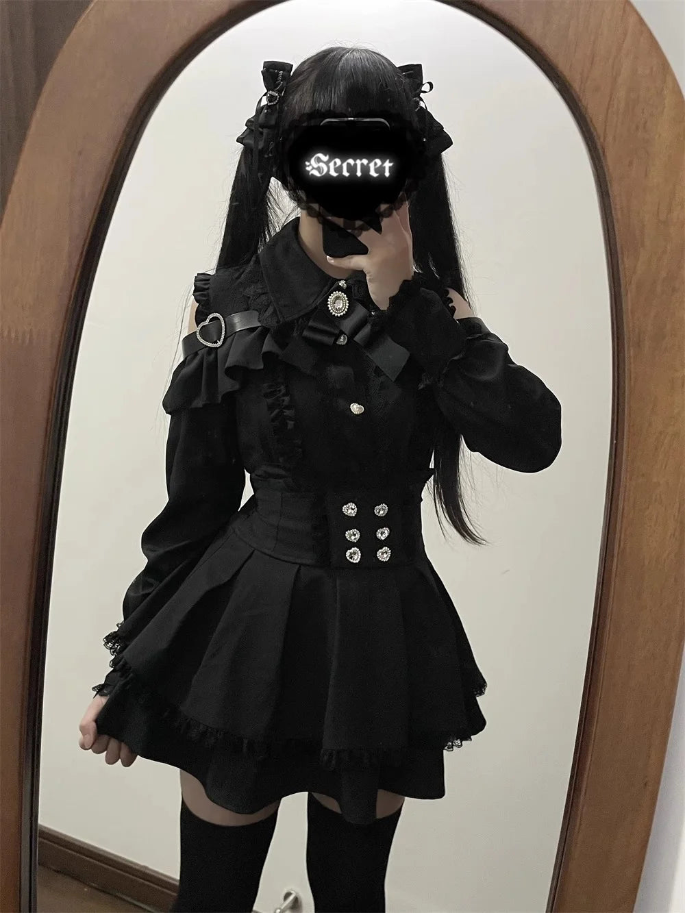 Kawaii Off Shoulder Long Sleeve Shirts Women Black Short Skirt Set Y2K Gothic Ruffle Skirts Lace Lolita Shirt Gown Suit 