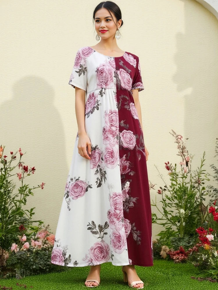 Rafiah Women's Dresses Summer Daily Comfortable Floral Patchwork Short Sleeve Crew Neck Midi Long Dress Loose Fit Shift Dresses