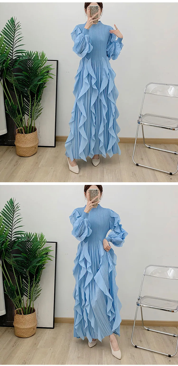 Fashion Ruffles Pleated Dress Women Round Neck Flare Sleeves Solid Maxi Belt Dresses Party 2025 Autumn New