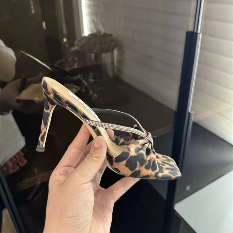 Leopard Satin Rhinestone One-Strap Sandals Women 2025 Summer New Bow Open-Toe Thin High-Heeled Slippers Casual Fashion pump