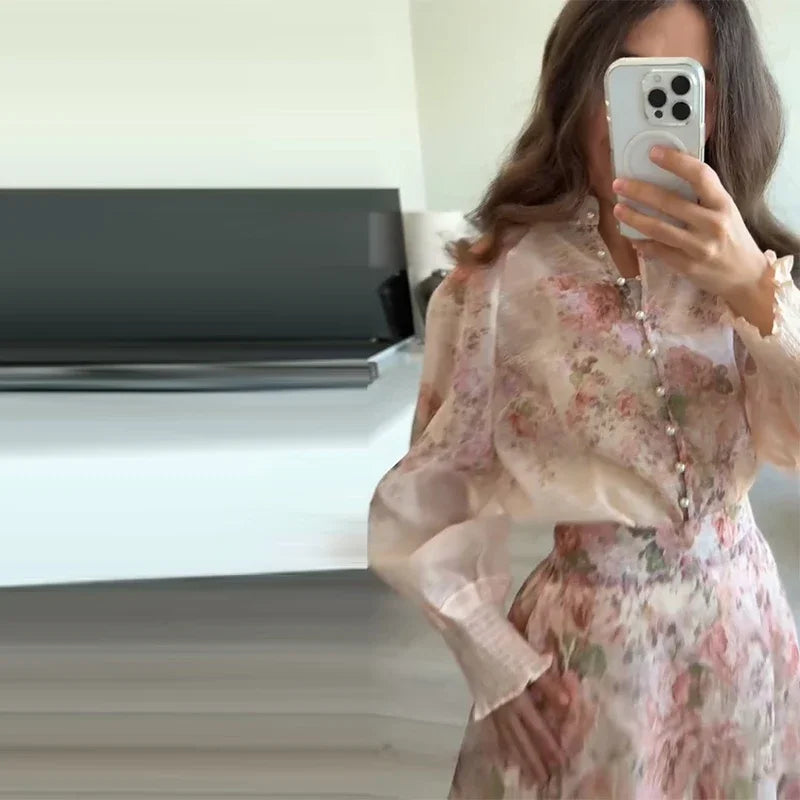 Floral Printed Two-Piece Skirt Set – Loose Full Sleeve Shirt & Pleated Maxi Skirt