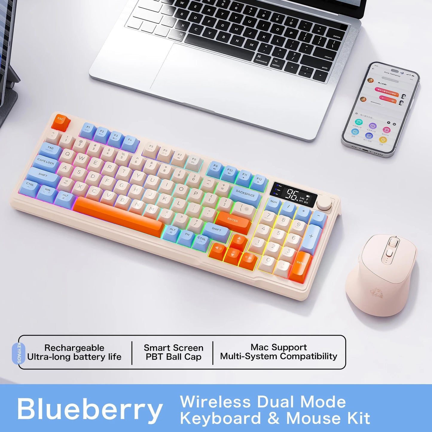 M96 Screen Wireless Keyboard Mouse Kit with Media Knob,ZIYOULANG Bluetooth Keyboard Mouse Combos,Multi-Device Connection,PBT Cap