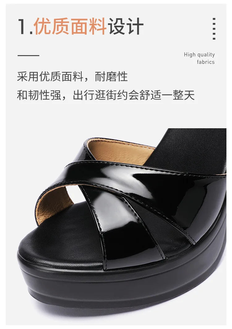 Women’s High Heel Summer Leather Sandals – 10 cm Spike Heel with Platform, Open Toe