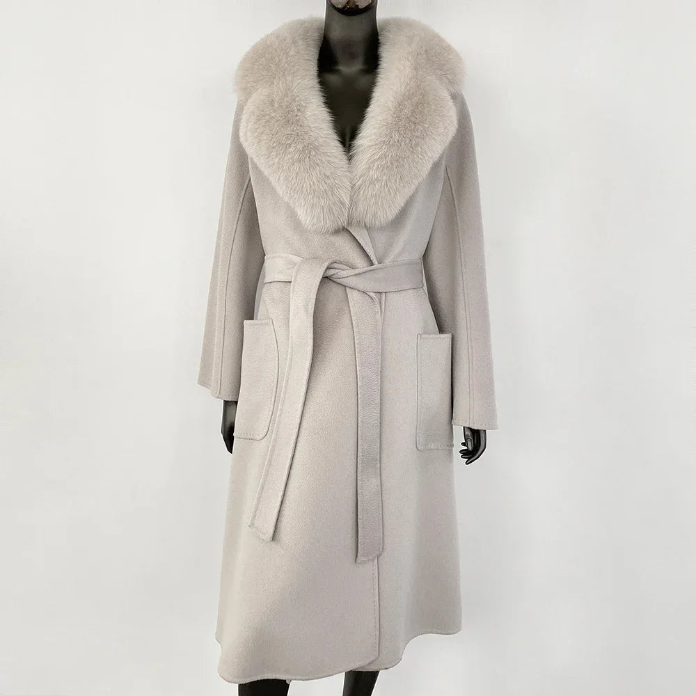 GENHUA 2025 New Casual Fur Coat for Ladies Winter Wool Long Fur Ladies Natural Real Fox Fur Collar Jacket for Ladies Warm Coat