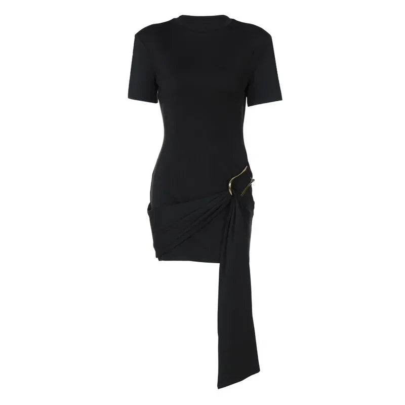 Women's Luxury Black Draped Mini Dress – Metal Buckle, O-Neck, Bodycon Fit