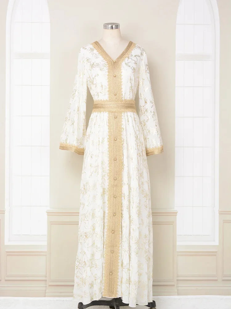 KAF Dubai Luxury Evening Party Dress 2025 Spring Fall New V-neck Long Sleeve Retro Printing Design Loose Large Size Female Abaya