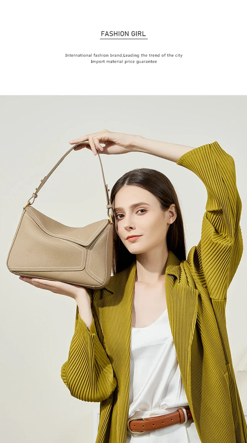 Women Genuine Leather Pillow Shoulder Bag – Geometric Design – Coffee, Khaki, Brown