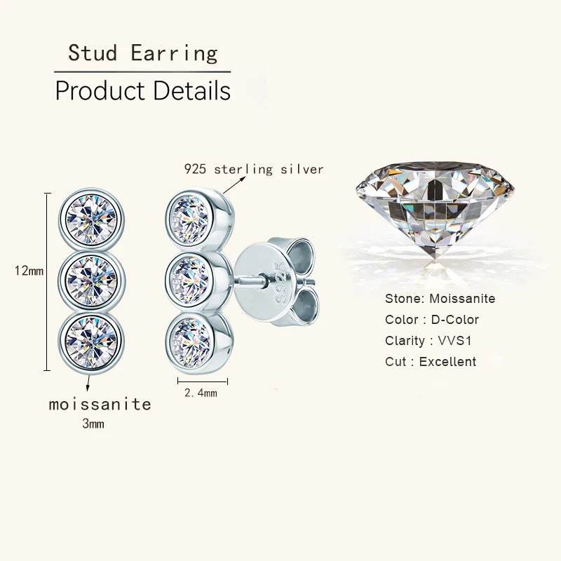 Lnngy Bezel Setting 3mm Moissanite Earrings 925 Sterling Silver Three Stone Stud Earring For Women Girls Fashion Daily Jewelry