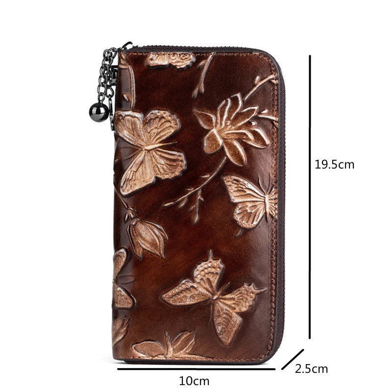 MOTAORA 2025 New Genuine Leather Women Wallet Vintage Embossed Long Purse For Women Hand Painted Butterfly Wallet ID Card Holder