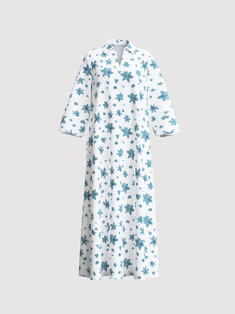 Rafiah Women's Even Dress Arabian 2025 Summer Comfortable Indie Folk Graphic Printing Lapel Midi Loose Fit Long Dress