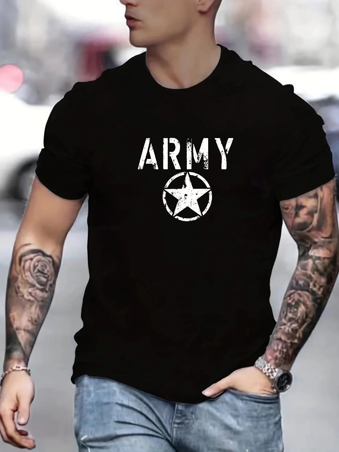 Men's summer 100 cotton fashionable casual loose sports ARMY and five pointed star printed round neck short sleeved T-shirt top