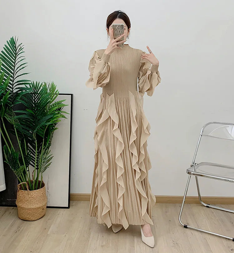 Fashion Ruffles Pleated Dress Women Round Neck Flare Sleeves Solid Maxi Belt Dresses Party 2025 Autumn New
