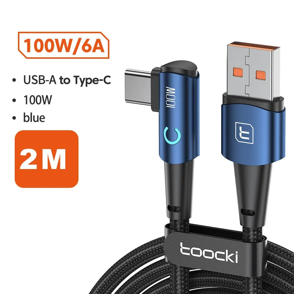 كابل Toocki 6A USB C بزاوية 90 درجة لشحن سريع 100 واط لهاتف OPPO وHonor وHuawei وOneplus وRealme وسلك بيانات الشاحن