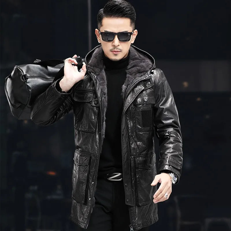 Men’s Oil Wax Cowhide Leather Jacket – Slim Fit Winter Cargo Coat with Mink Fur Lining & Hood