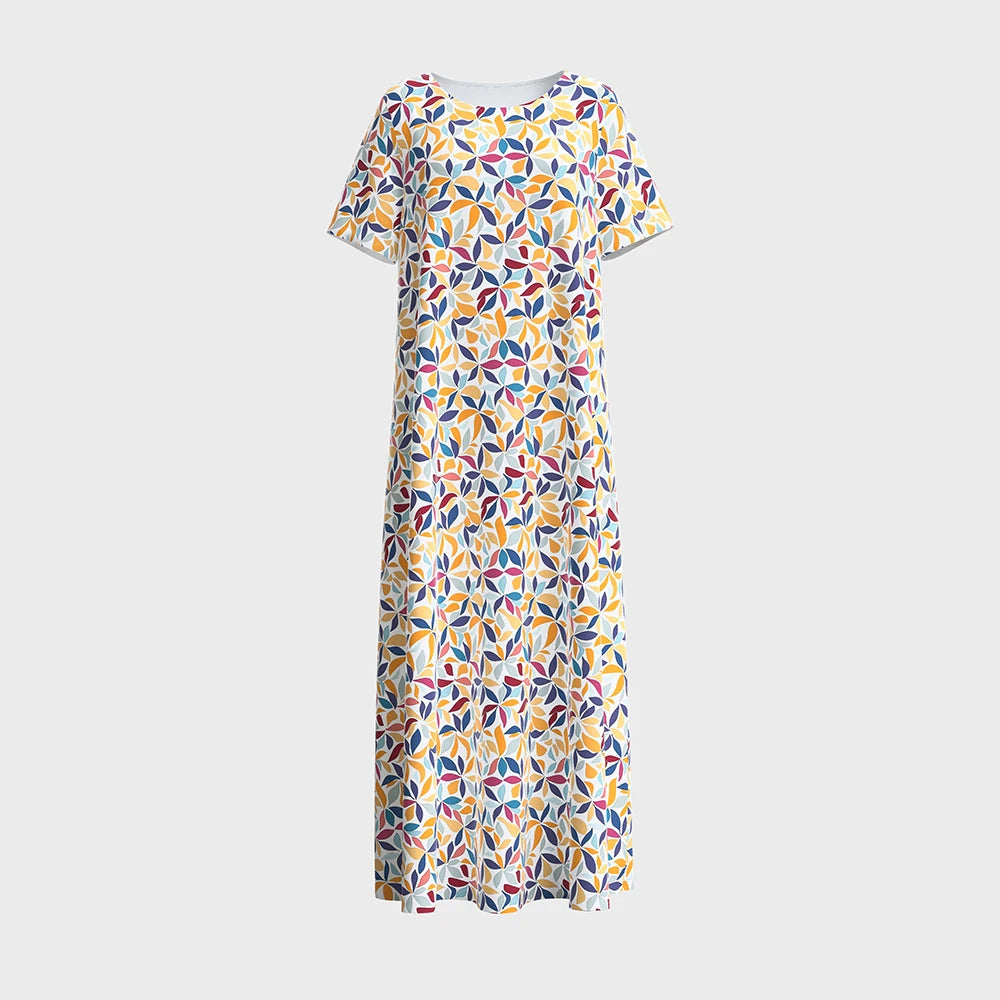 Rafiah Women's Summer Arabian Dress Long Dress 2025 Casual Round-Neck Short Sleeve A-Line Maxi Full Color Printing Casual
