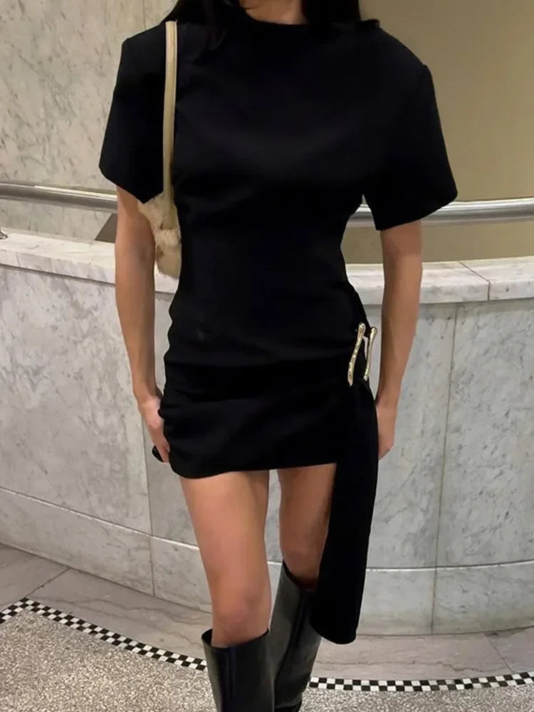 Women's Luxury Black Draped Mini Dress – Metal Buckle, O-Neck, Bodycon Fit