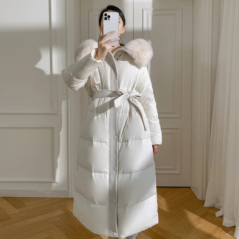 Women’s Luxury White Goose Down Coat – Hooded Long Jacket with Fox Fur Collar & Belt