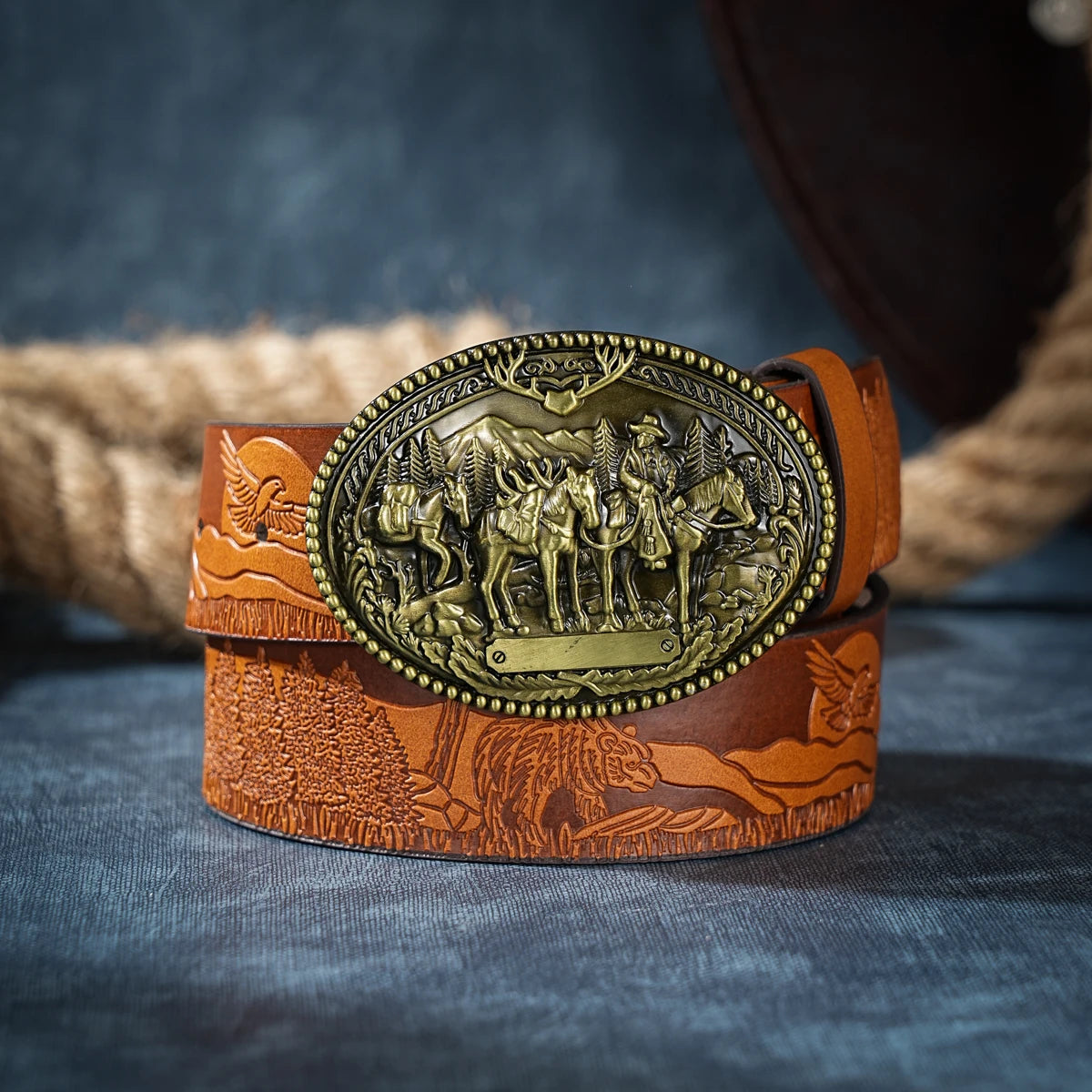 Men & Women-Western-Cowboy-PU Leather-Belts - Vintage Belt Floral Engraved Buckle Belt for Jeans