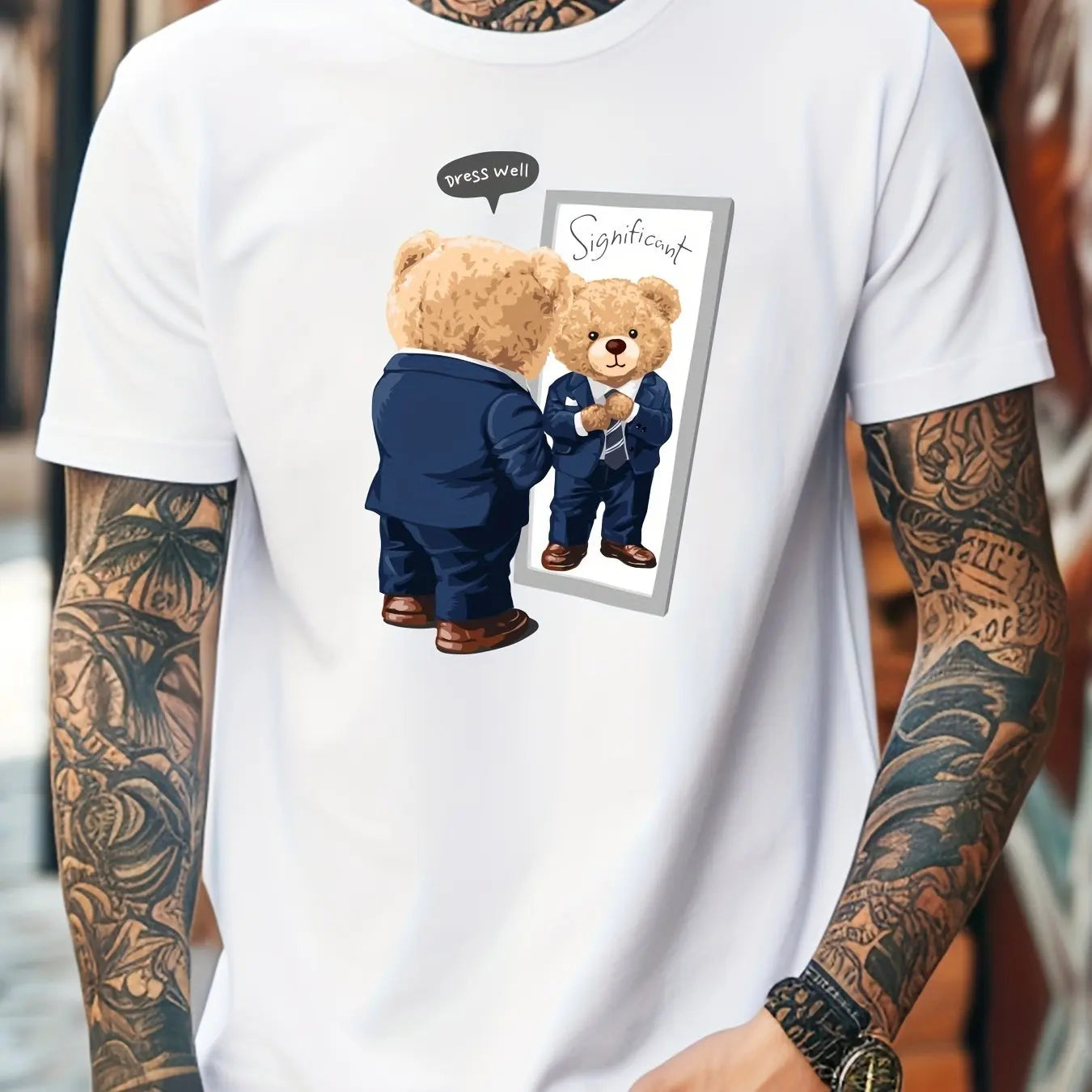 Men's Summer 100 Cotton Fashionable Casual Loose Large Cool Bear Printed Sports Round Neck Short Sleeve T-shirt Top
