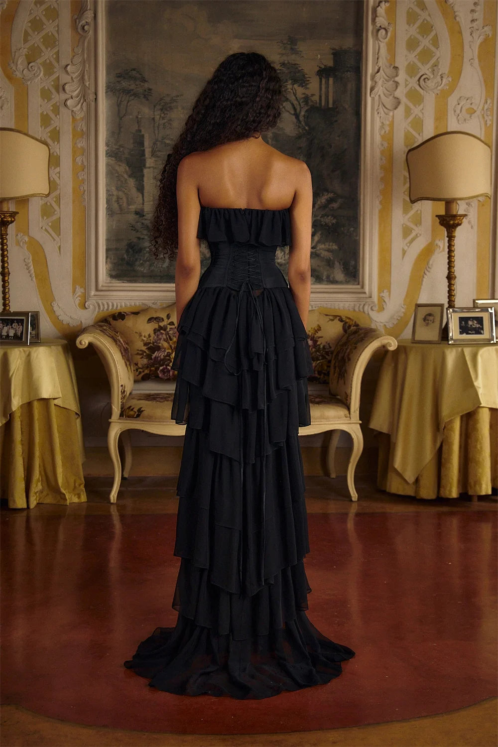 Mila Strapless Prom Dress Sleeveless Cascading Ruffles Customized Luxurious Women Evening Dresses Chiffon vestidos de fiesta