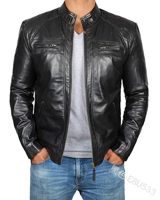 Men's Biker Leather Jacket Stand-up Collar Punk Leather Jacket Motorcycle Wear Leather Zipper Jacket Coat Hip Hop Streetwear
