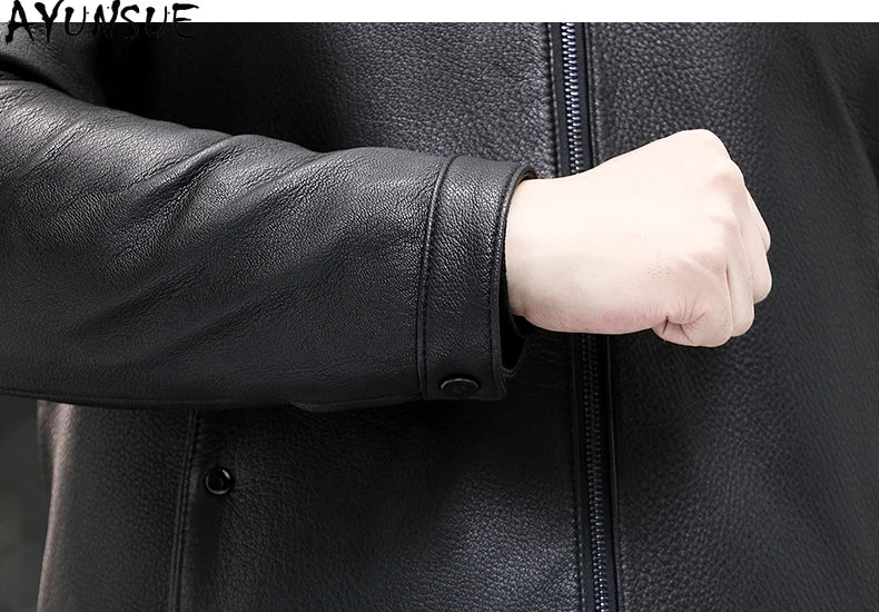 AYUNSUE 100% Real Goatskin Men Leather Jacket Stand Collar Detachable Down Liner and Mink Fur Liner Jackets Winter Mens Fur Coat