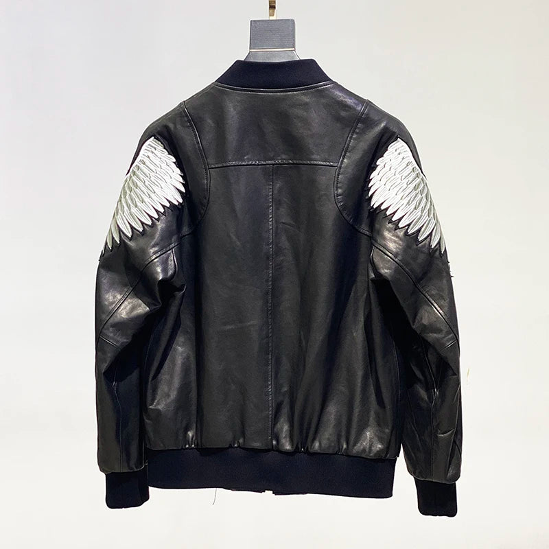 Embroidered eagle wings leather baseball jersey men stand-up collar full vegetable tanned sheepskin genuine leather jacket tops