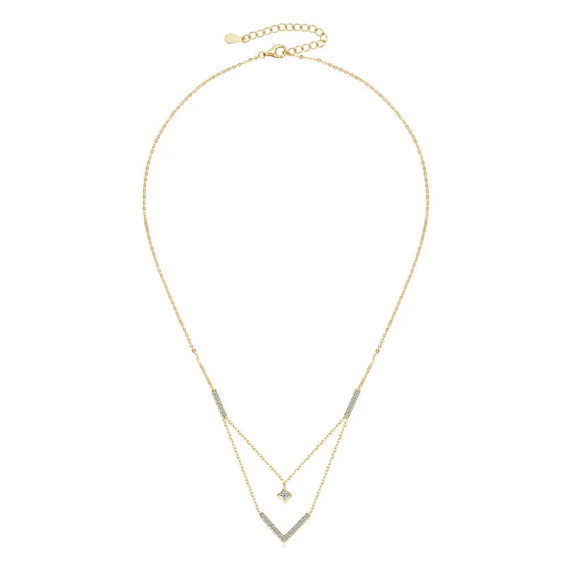 Lnngy Sparkling 3mm&1.8mm Round Moissanite Necklace 925 Sterling Silver Fashion V-Shape Necklaces for Women Fine Jewelry Gift