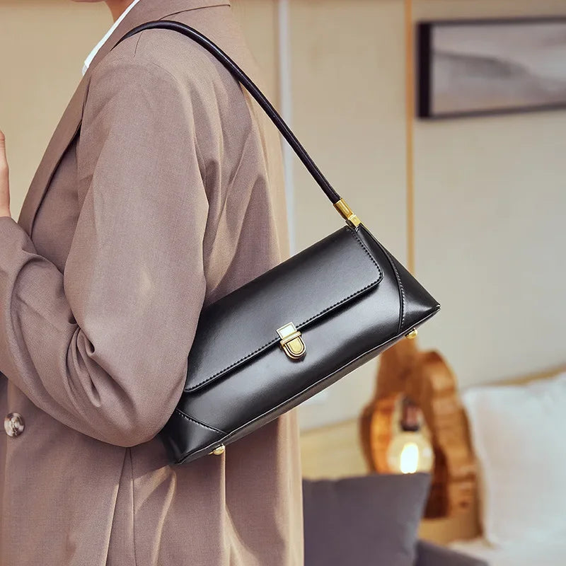 Women Genuine Leather Shoulder Bag – Soft Cowhide Baguette in Black, White, or Coffee