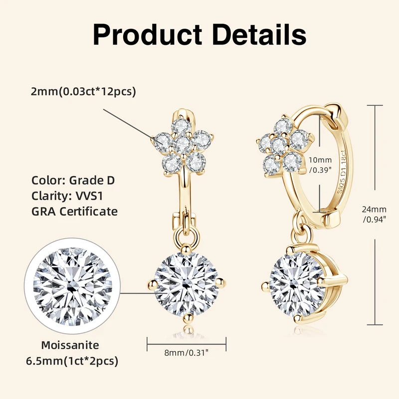 Lnngy Moissanite Flower Earrings For Women 925 Sterling Silver Round Cut Moissanita Dangle Earring Wedding Party Jewelry Gift