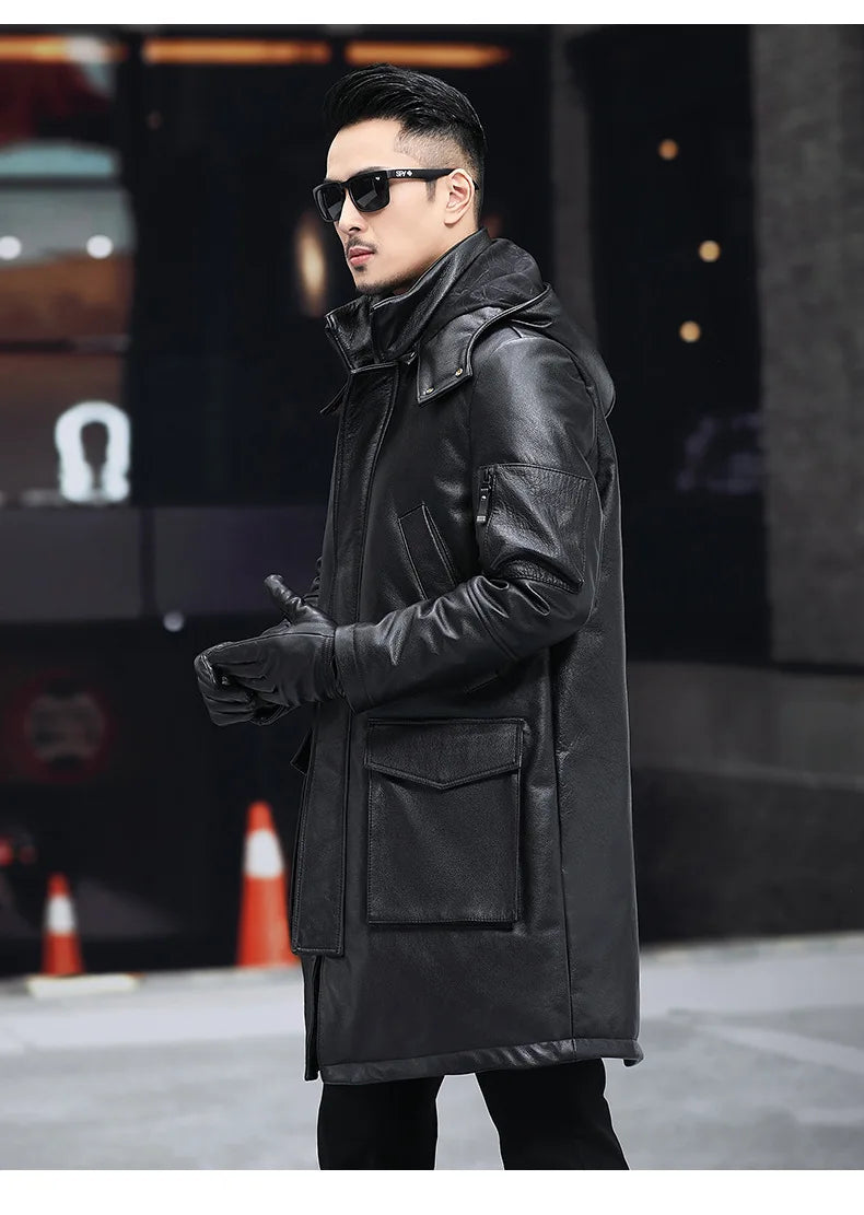 Men's Leather Down Coat, Mid Length, Hooded, Thick Warm Jacket, Large Size Outerwear, Business Male Coat, Winter
