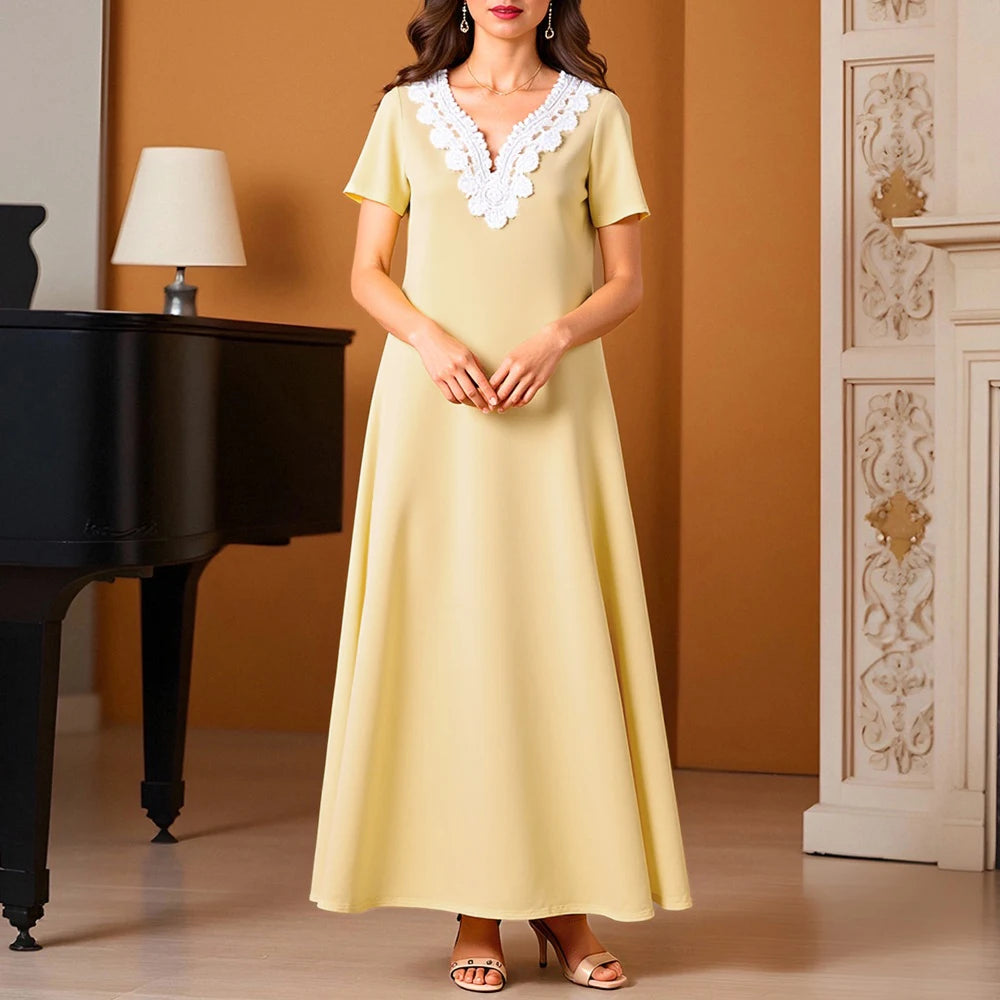 Rafiah Summer Dress 2025 Women's Arabian Dress Comfortable Plain Short Sleeve V-Neck A-Line Daily Basic Long Dress
