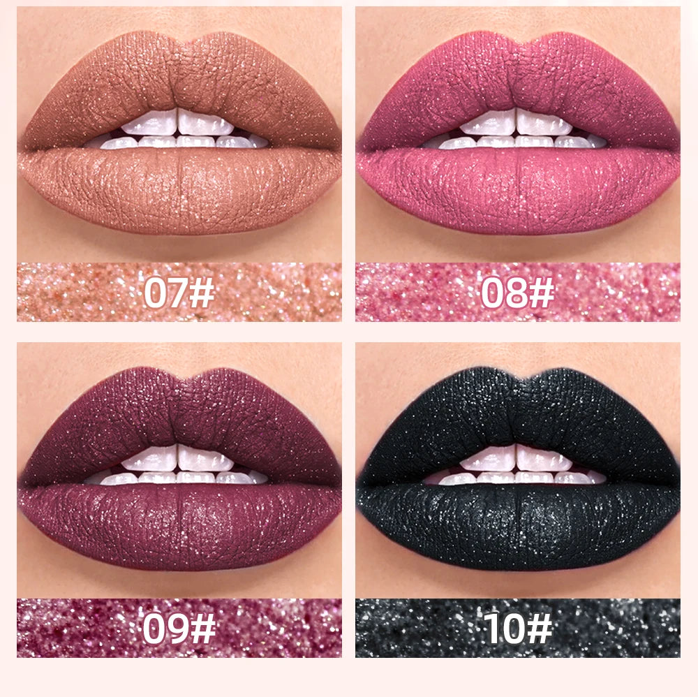 QIBEST Shimmer Lip Gloss Diamond Glitter Lip Tint Waterproof Long Lasting Matte Liquid Lipstick Red Purple Lipgloss Women Makeup