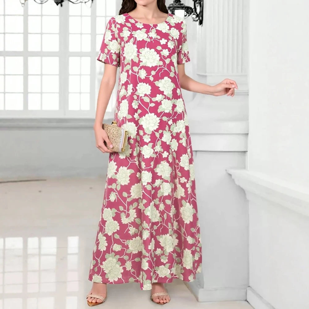Rafiah Women's Arabian Dress Summer Casual Cultural Full Print Short Sleeve Crew Neck Midi A-Line Long Dress