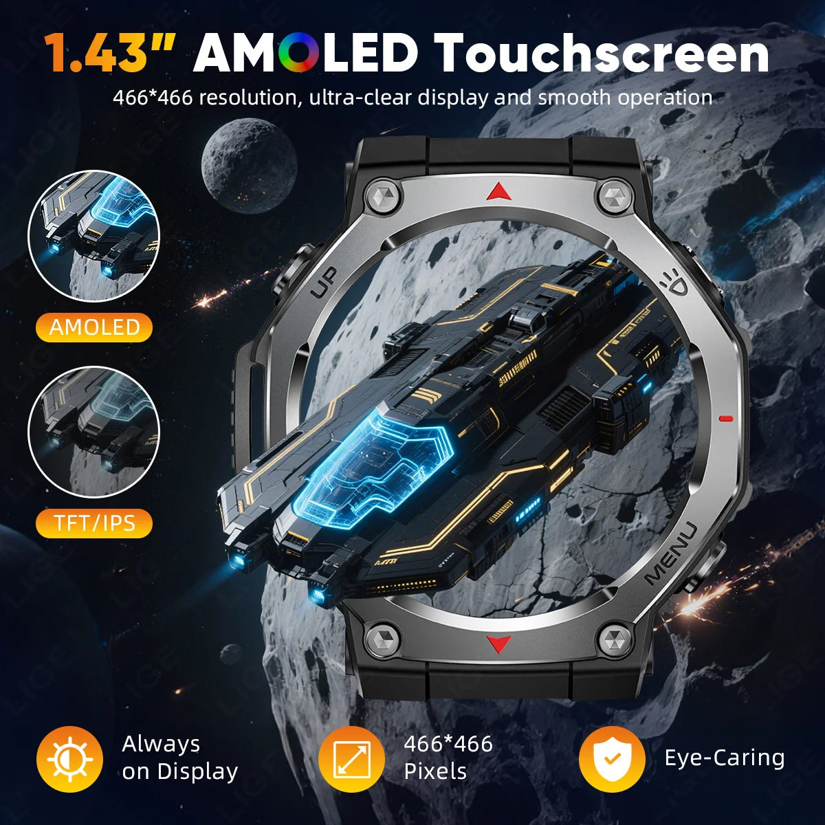 LIGE New 1.43 inch AMOLED Screen Smart Watch 525mAh Big Battery BT Call IPX8-5ATM Waterproof Sports Smartwatch For Android ios