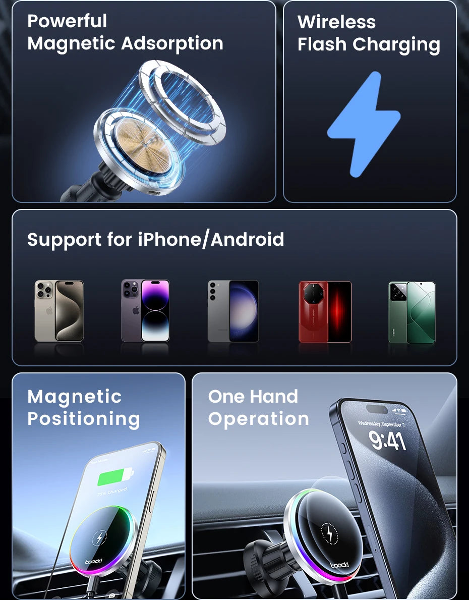 Toocki RGB Magnetic Car Phone Holder 15W Wireless Charger Car For iPhone 15 14 13 Pro Max Samsung Phone Car Charger Holder Stand