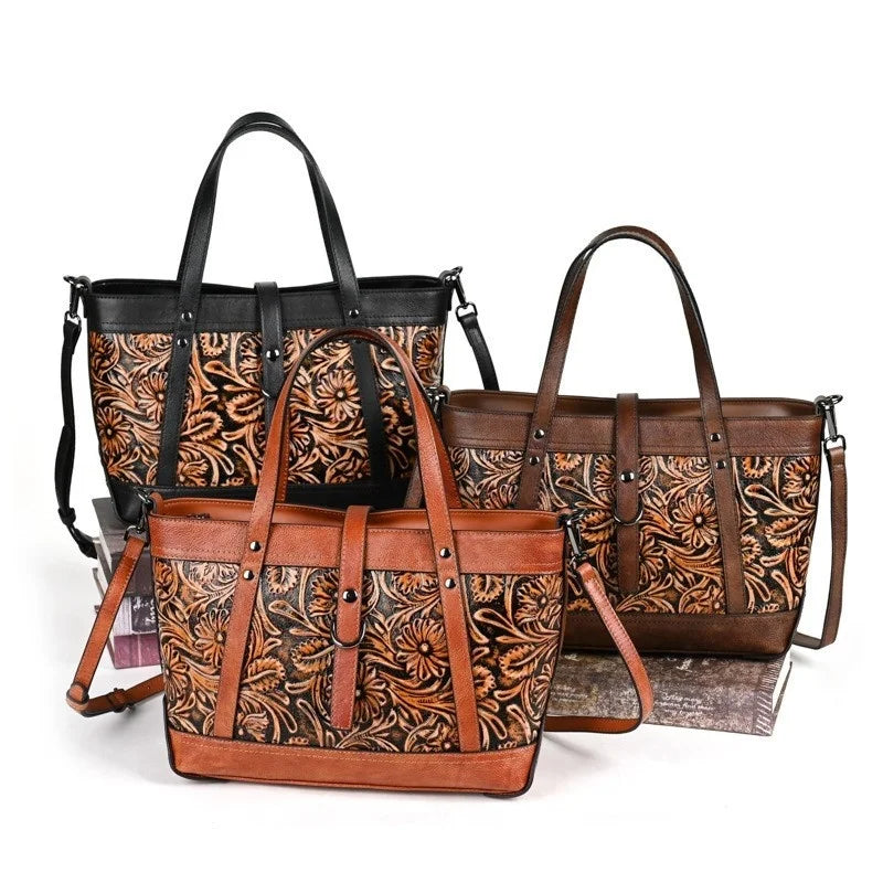 Vintage Embossed Leather Tote Bag for Women, Large Capacity Cowhide Shoulder Bag with Adjustable Strap, Handcrafted Work Purse