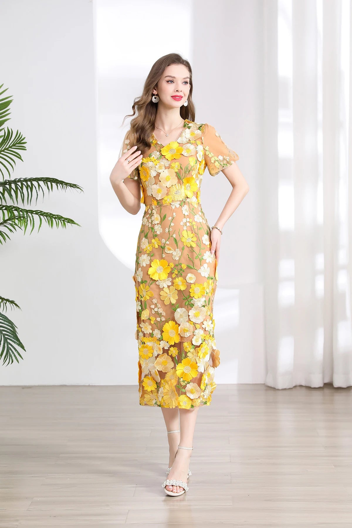 Summer High-end Embroidery Lace Prom Dress Women French Luxury 3D Flower Short Sleeve Long Dress Party Bodycon Holiday Vestido